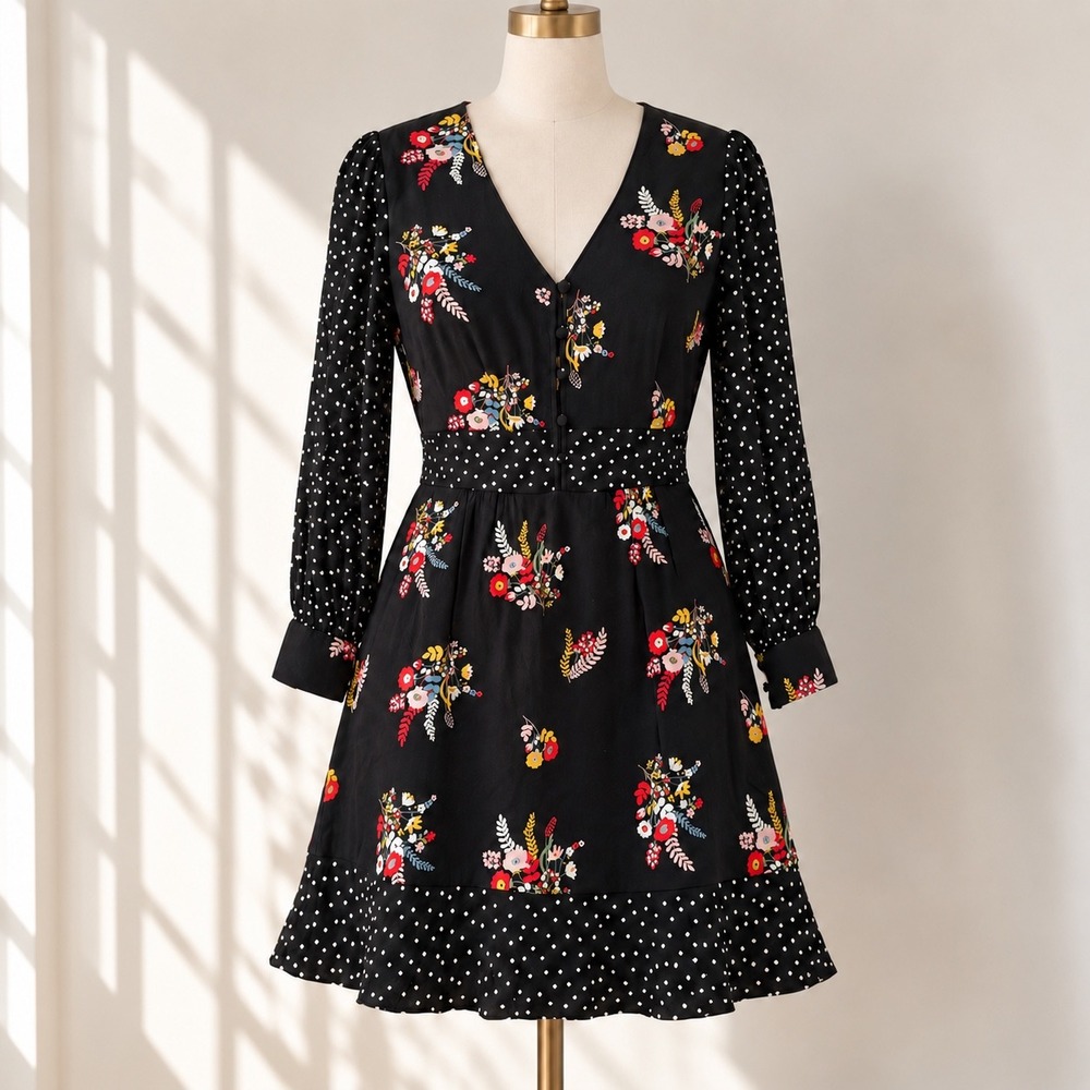 Boden Black Botanical Floral Dress Fit Flare 12 Dark Romantic Cottagecore Fall